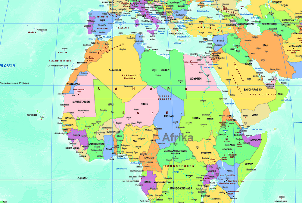 Detail der politischen Equal Earth Weltkarte mit deutscher Beschriftung