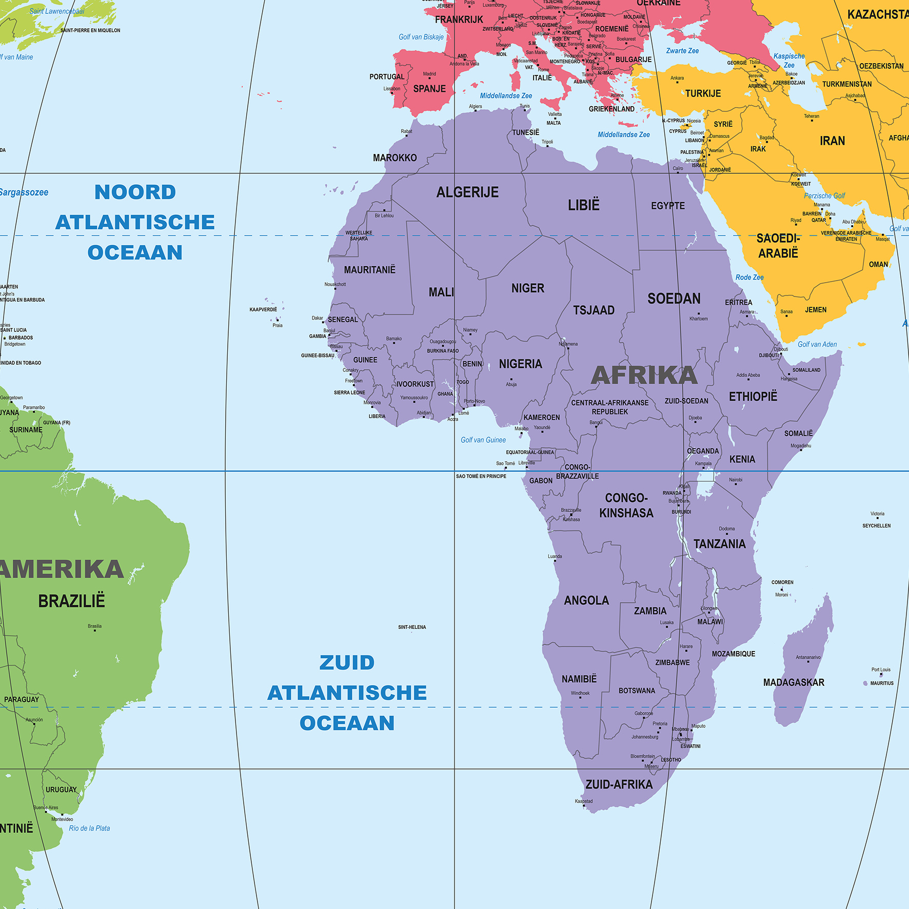 Detail van de Equal Earth-wereldkaart Educational, met Nederlandse namen uit het kaartbeeld van de leverancier