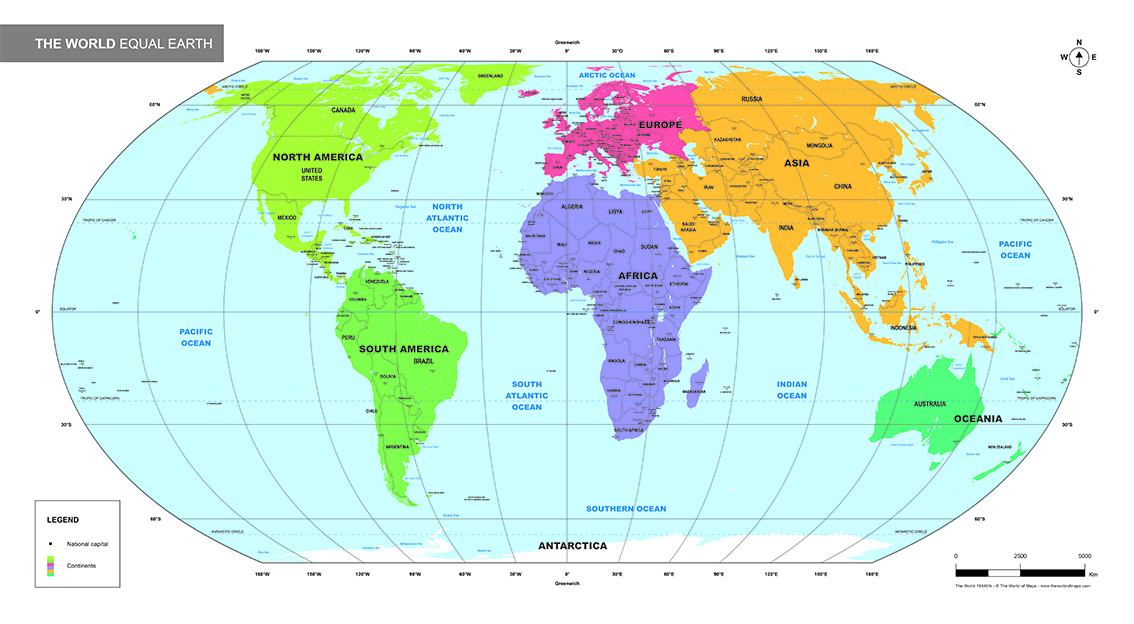The complete Equal Earth Educational world map, with English supplier artwork