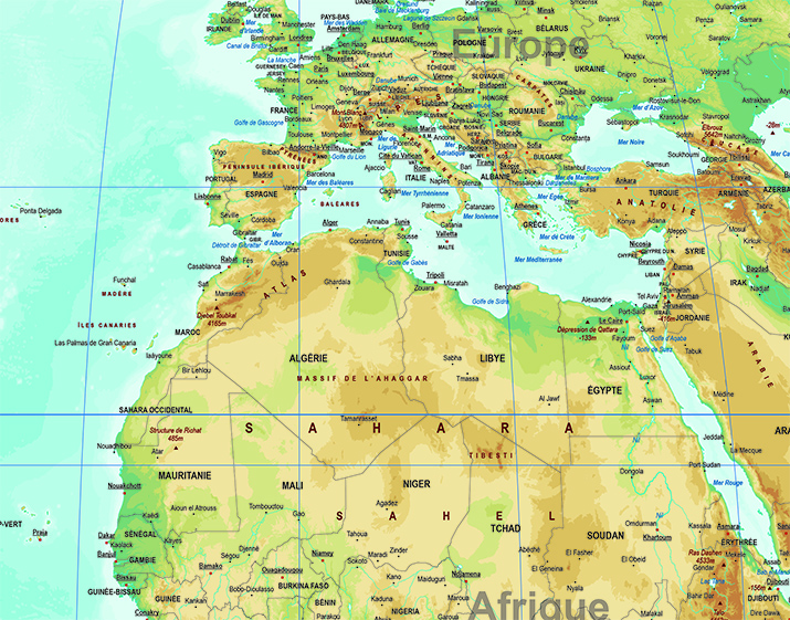 Détail de la carte du monde Equal Earth Physique, avec les noms du visuel français du fournisseur