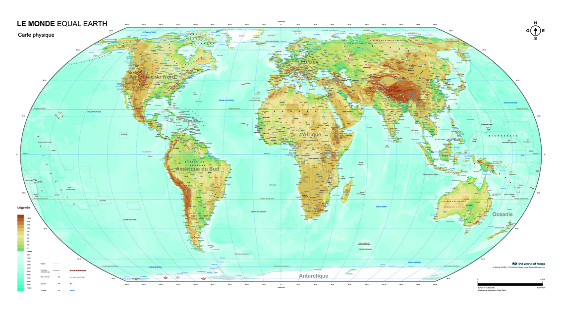 Carte du monde Equal Earth Physique au mur, visuel français du fournisseur