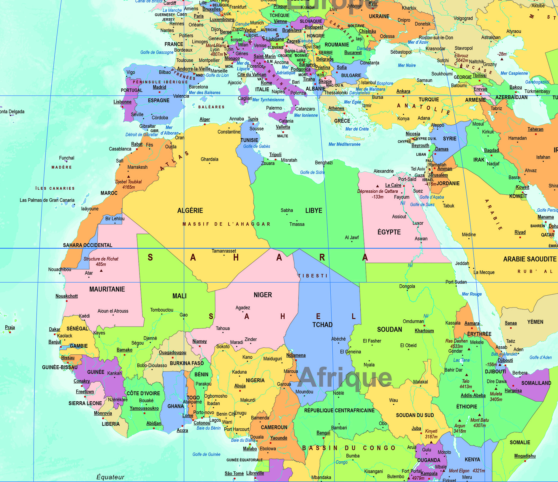 Détail de la carte du monde Equal Earth Politique, avec les noms du visuel français du fournisseur