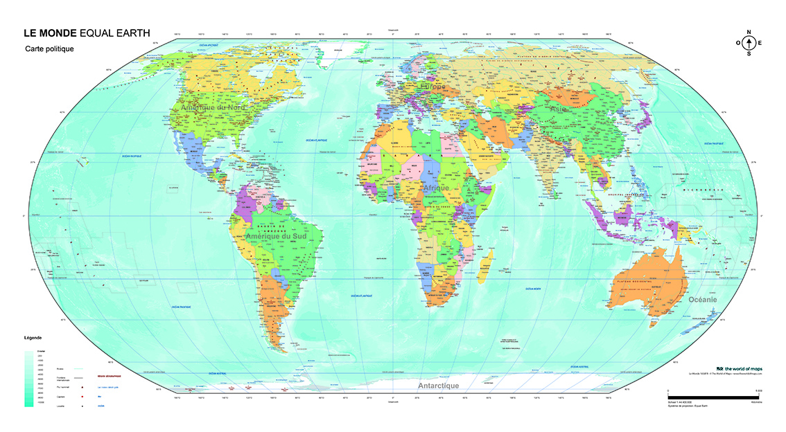 Carte du monde Equal Earth Politique au mur, visuel français du fournisseur