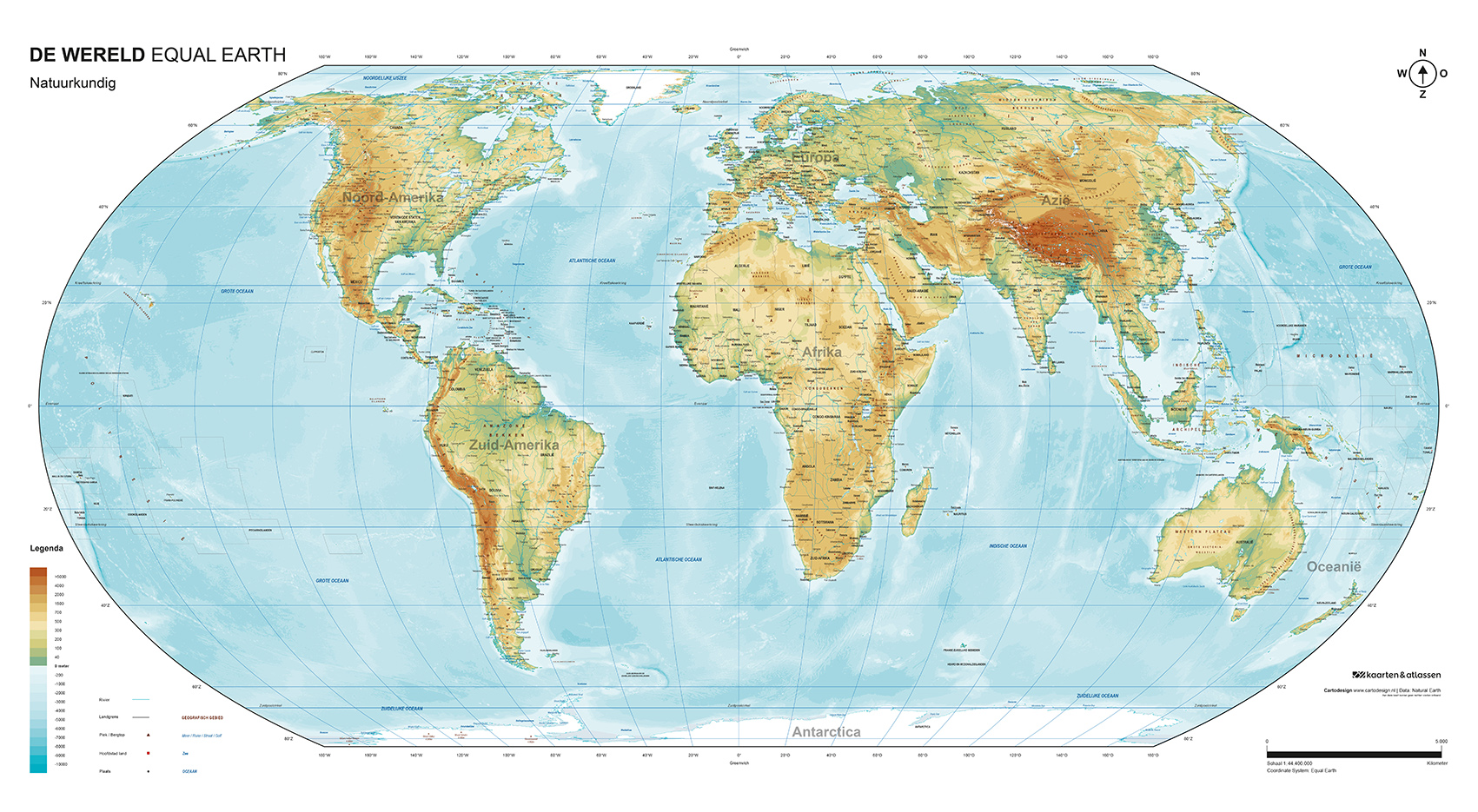 Equal Earth-wereldkaart Natuurkundig aan de muur, Nederlands kaartbeeld van de leverancier