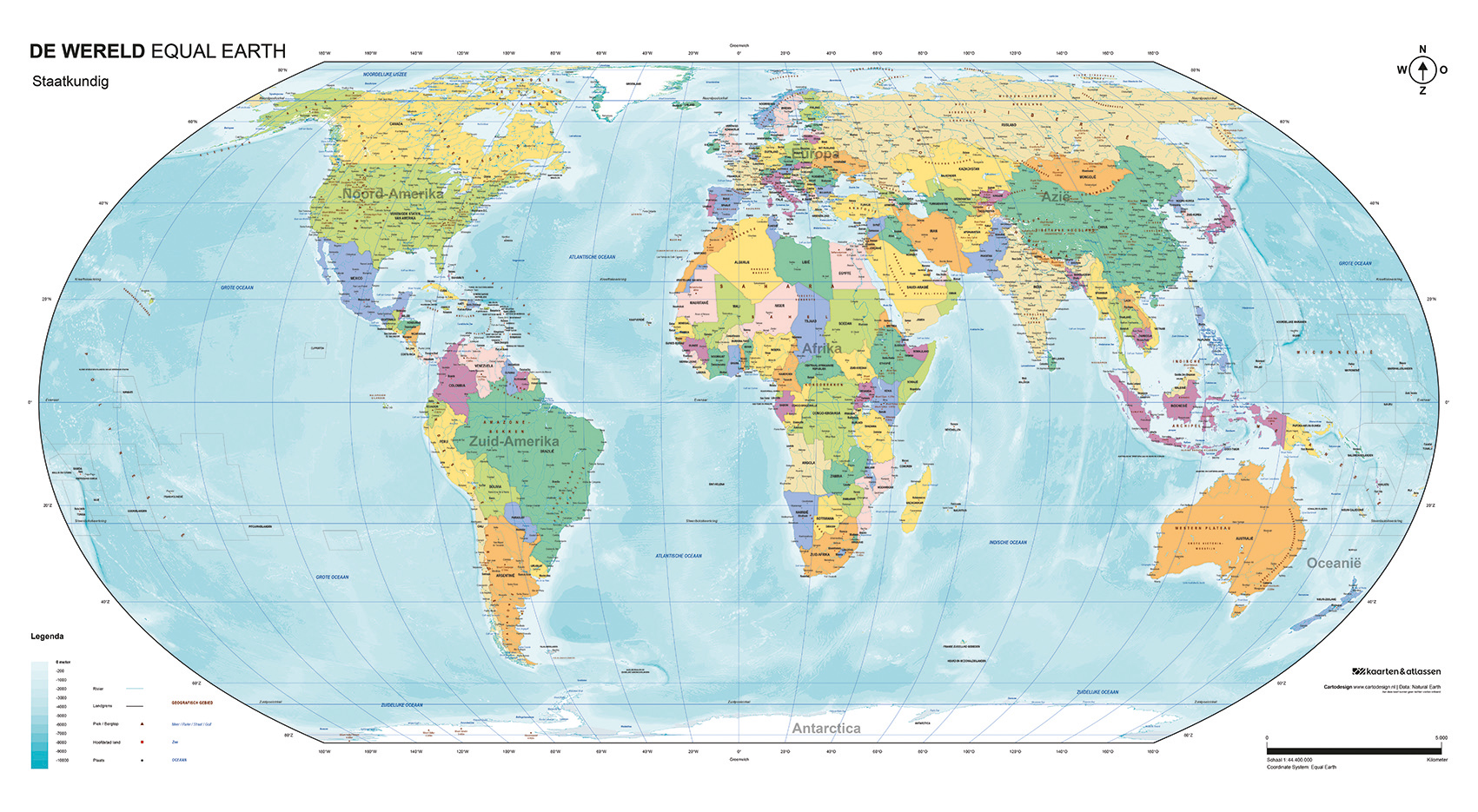 Equal Earth-wereldkaart Staatkundig aan de muur, Nederlands kaartbeeld van de leverancier