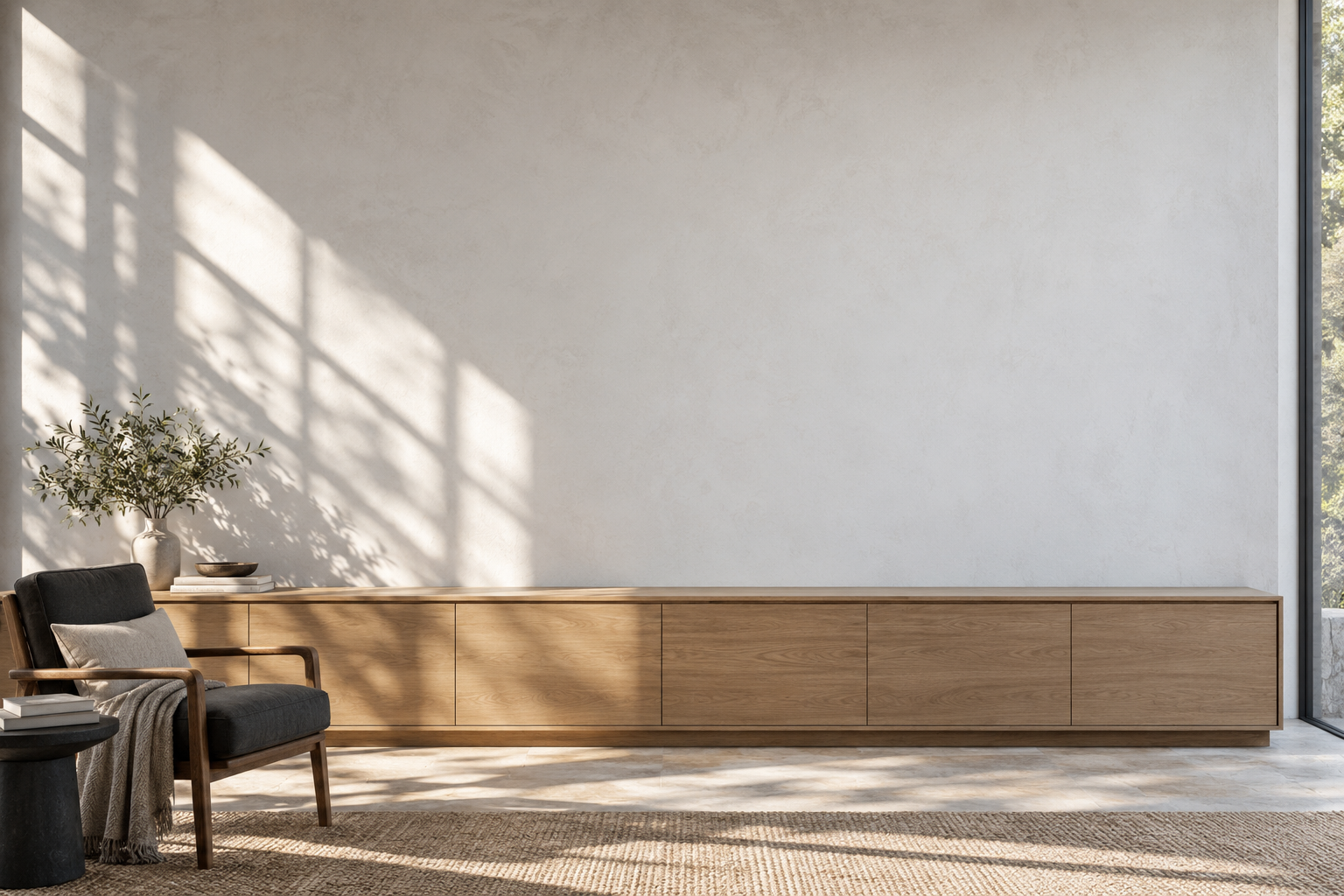 A sunlit room with a long oak sideboard and an Equal Earth world map on the wall